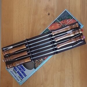 VINTAGE Mid Century Modern Fondue Fork Set, Wood Handles In Original Box